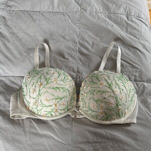Victoria's Secret Cream Bra with Green Vine & Yellow Daisy Embroidery
